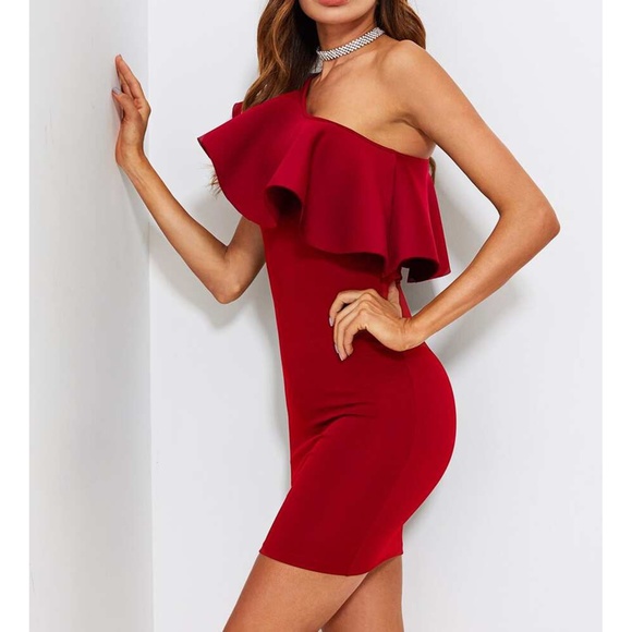 Red One Shoulder Statement Ruffle Bodycon Dress - Picture 4 of 6